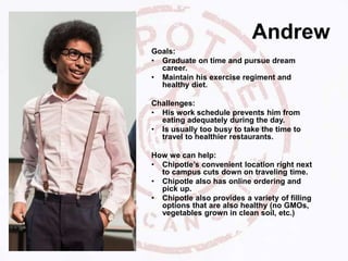 Andrew
Goals:
• Graduate on time and pursue dream
career.
• Maintain his exercise regiment and
healthy diet.
Challenges:
• His work schedule prevents him from
eating adequately during the day.
• Is usually too busy to take the time to
travel to healthier restaurants.
How we can help:
• Chipotle’s convenient location right next
to campus cuts down on traveling time.
• Chipotle also has online ordering and
pick up.
• Chipotle also provides a variety of filling
options that are also healthy (no GMOs,
vegetables grown in clean soil, etc.)
 