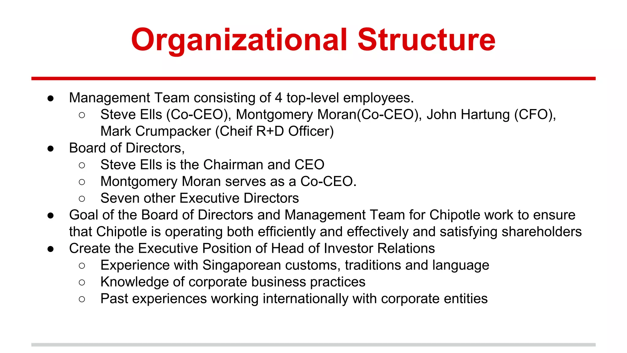 Organizational Structure
● Management Team consisting of 4 top-level employees.
○ Steve Ells (Co-CEO), Montgomery Moran(Co-CEO), John Hartung (CFO),
Mark Crumpacker (Cheif R+D Officer)
● Board of Directors,
○ Steve Ells is the Chairman and CEO
○ Montgomery Moran serves as a Co-CEO.
○ Seven other Executive Directors
● Goal of the Board of Directors and Management Team for Chipotle work to ensure
that Chipotle is operating both efficiently and effectively and satisfying shareholders
● Create the Executive Position of Head of Investor Relations
○ Experience with Singaporean customs, traditions and language
○ Knowledge of corporate business practices
○ Past experiences working internationally with corporate entities
 