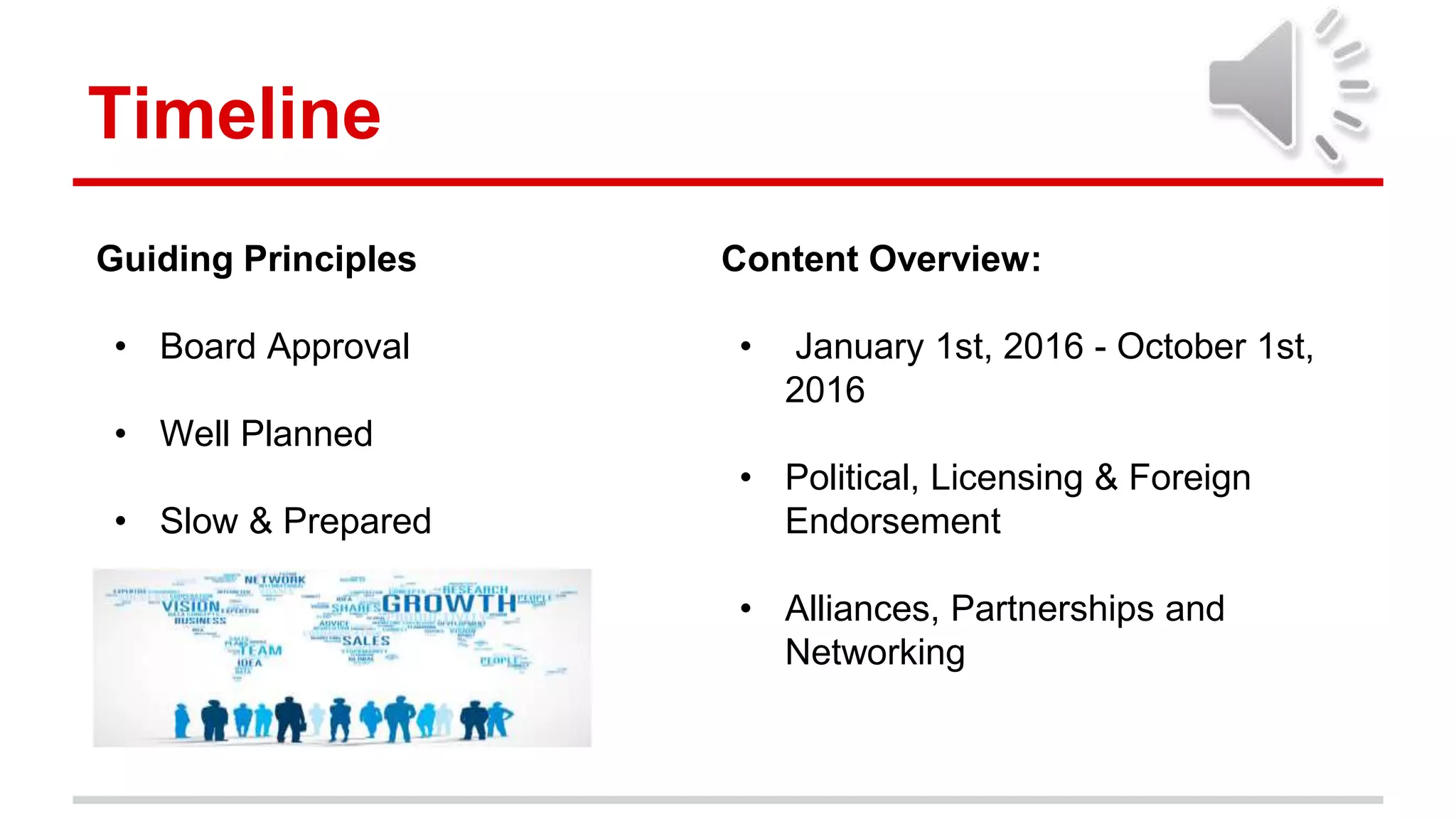 Timeline
Guiding Principles
• Board Approval
• Well Planned
• Slow & Prepared
Content Overview:
• January 1st, 2016 - October 1st,
2016
• Political, Licensing & Foreign
Endorsement
• Alliances, Partnerships and
Networking
 