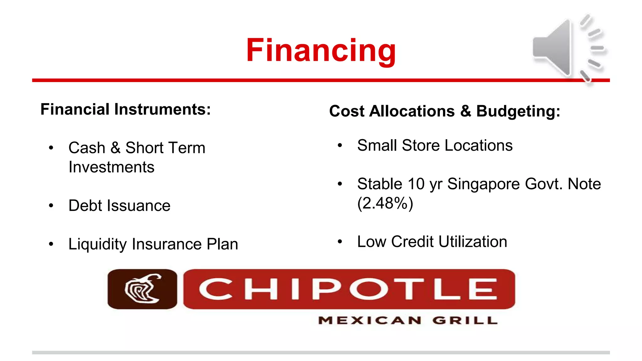 Financing
Financial Instruments:
• Cash & Short Term
Investments
• Debt Issuance
• Liquidity Insurance Plan
Cost Allocations & Budgeting:
• Small Store Locations
• Stable 10 yr Singapore Govt. Note
(2.48%)
• Low Credit Utilization
 
