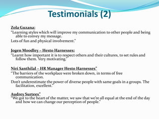 Testimonials (2)
Zola Guzana:
“Learning styles which will improve my communication to other people and being
   able to convey my message.
Lots of fun and physical involvement.”

Jogen Moodley – Hesto Harnesses:
“Learnt how important it is to respect others and their cultures, to set rules and
   follow them. Very motivating.”

Niri Santhilal – HR Manager Hesto Harnesses”
“The barriers of the workplace were broken down, in terms of free
  communication.
Don’t underestimate the power of diverse people with same goals in a groups. The
  facilitation, excellent.”

Audrey Surtees”
“We got to the heart of the matter, we saw that we’re all equal at the end of the day
  and how we can change our perception of people.”
 