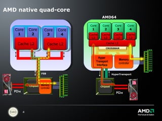 AMD native quad-core FSB HyperTransport AMD64 Cache L3 PCI-e PCI-e Chipset  Chipset Memory controller Memory controller Hyper  Transport Interface Core 1 Core 2 Core 1 Cache L2 CROSSBAR Core 3 Core 4 Cache L2 Cache L2 Core 2 Cache L2 Core 3 Cache L2 Core 4 Cache L2 