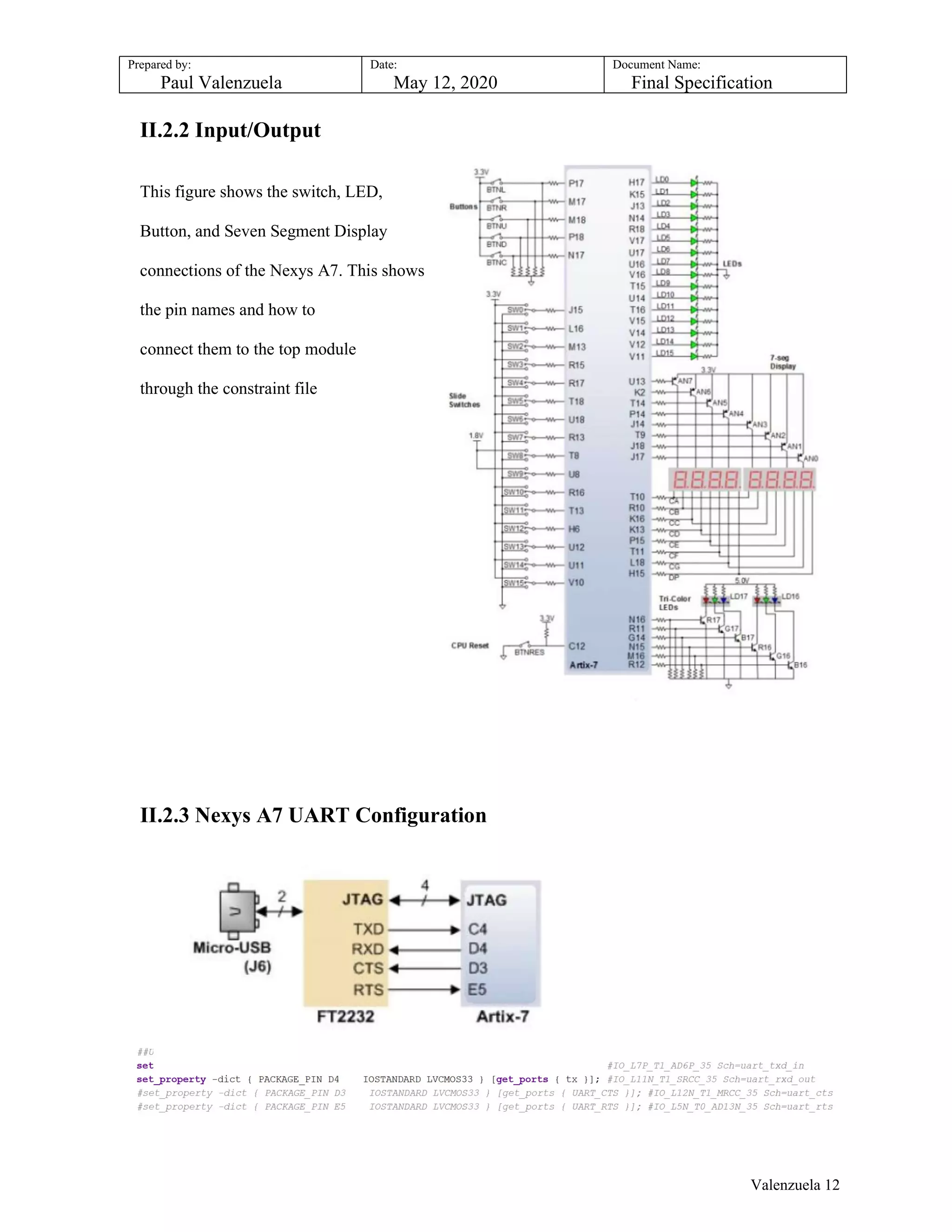 Prepared by:
Paul Valenzuela
Date:
May 12, 2020
Document Name:
Final Specification
II.2.2 Input/Output
This figure shows the switch, LED,
Button, and Seven Segment Display
connections of the Nexys A7. This shows
the pin names and how to
connect them to the top module
through the constraint file
II.2.3 Nexys A7 UART Configuration
Valenzuela 12
 
