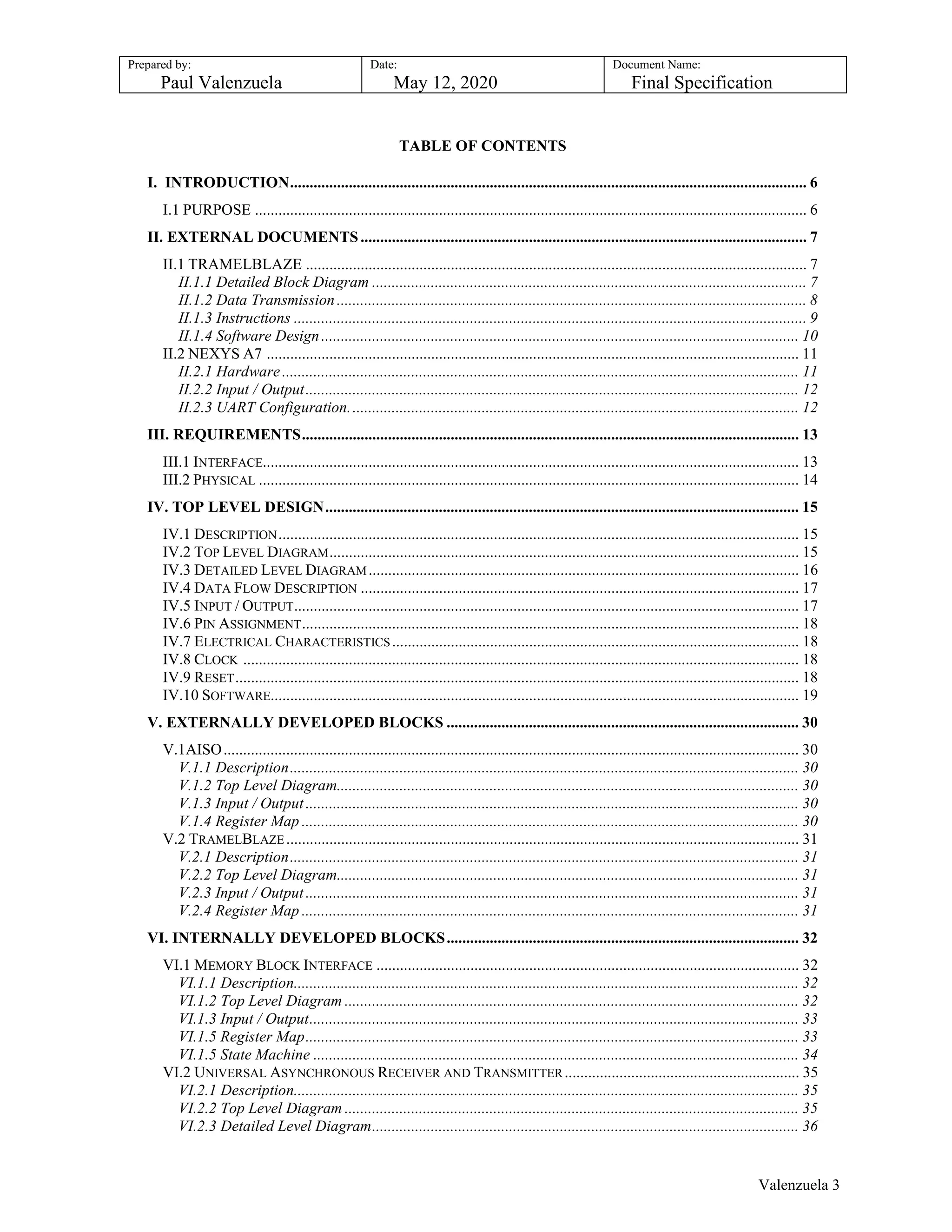 Prepared by:
Paul Valenzuela
Date:
May 12, 2020
Document Name:
Final Specification
TABLE OF CONTENTS
I. INTRODUCTION.................................................................................................................................... 6
I.1 PURPOSE ............................................................................................................................................. 6
II. EXTERNAL DOCUMENTS.................................................................................................................. 7
II.1 TRAMELBLAZE ................................................................................................................................ 7
II.1.1 Detailed Block Diagram ............................................................................................................... 7
II.1.2 Data Transmission........................................................................................................................ 8
II.1.3 Instructions ................................................................................................................................... 9
II.1.4 Software Design.......................................................................................................................... 10
II.2 NEXYS A7 ........................................................................................................................................ 11
II.2.1 Hardware.................................................................................................................................... 11
II.2.2 Input / Output.............................................................................................................................. 12
II.2.3 UART Configuration................................................................................................................... 12
III. REQUIREMENTS............................................................................................................................... 13
III.1 INTERFACE......................................................................................................................................... 13
III.2 PHYSICAL .......................................................................................................................................... 14
IV. TOP LEVEL DESIGN......................................................................................................................... 15
IV.1 DESCRIPTION..................................................................................................................................... 15
IV.2 TOP LEVEL DIAGRAM........................................................................................................................ 15
IV.3 DETAILED LEVEL DIAGRAM.............................................................................................................. 16
IV.4 DATA FLOW DESCRIPTION ................................................................................................................ 17
IV.5 INPUT / OUTPUT................................................................................................................................. 17
IV.6 PIN ASSIGNMENT............................................................................................................................... 18
IV.7 ELECTRICAL CHARACTERISTICS........................................................................................................ 18
IV.8 CLOCK .............................................................................................................................................. 18
IV.9 RESET................................................................................................................................................ 18
IV.10 SOFTWARE....................................................................................................................................... 19
V. EXTERNALLY DEVELOPED BLOCKS .......................................................................................... 30
V.1AISO................................................................................................................................................... 30
V.1.1 Description.................................................................................................................................. 30
V.1.2 Top Level Diagram...................................................................................................................... 30
V.1.3 Input / Output.............................................................................................................................. 30
V.1.4 Register Map ............................................................................................................................... 30
V.2 TRAMELBLAZE................................................................................................................................... 31
V.2.1 Description.................................................................................................................................. 31
V.2.2 Top Level Diagram...................................................................................................................... 31
V.2.3 Input / Output.............................................................................................................................. 31
V.2.4 Register Map ............................................................................................................................... 31
VI. INTERNALLY DEVELOPED BLOCKS.......................................................................................... 32
VI.1 MEMORY BLOCK INTERFACE ............................................................................................................ 32
VI.1.1 Description................................................................................................................................. 32
VI.1.2 Top Level Diagram .................................................................................................................... 32
VI.1.3 Input / Output............................................................................................................................. 33
VI.1.5 Register Map.............................................................................................................................. 33
VI.1.5 State Machine ............................................................................................................................ 34
VI.2 UNIVERSAL ASYNCHRONOUS RECEIVER AND TRANSMITTER............................................................ 35
VI.2.1 Description................................................................................................................................. 35
VI.2.2 Top Level Diagram .................................................................................................................... 35
VI.2.3 Detailed Level Diagram............................................................................................................. 36
Valenzuela 3
 