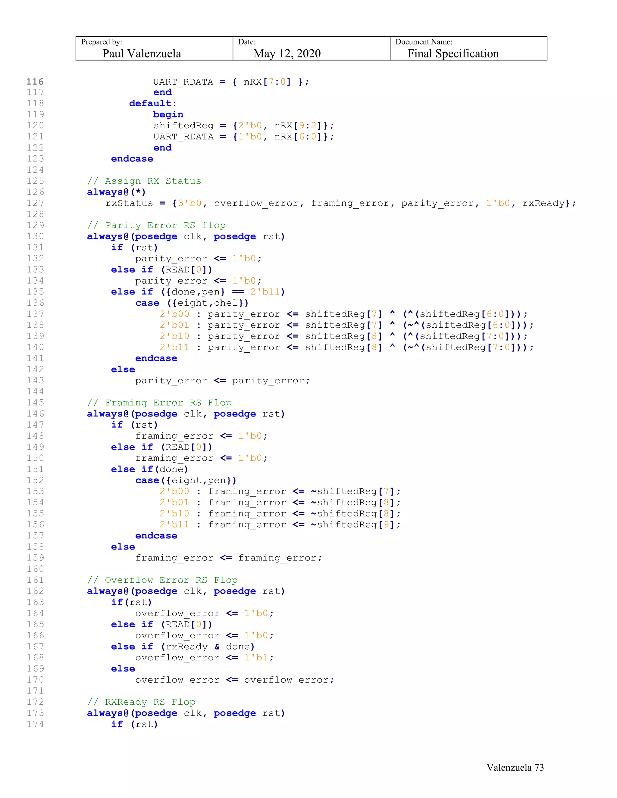 Prepared by:
Paul Valenzuela
Date:
May 12, 2020
Document Name:
Final Specification
116 UART_RDATA = { nRX[7:0] };
117 end
118 default:
119 begin
120 shiftedReg = {2'b0, nRX[9:2]};
121 UART_RDATA = {1'b0, nRX[6:0]};
122 end
123 endcase
124
125 // Assign RX Status
126 always@(*)
127 rxStatus = {3'b0, overflow_error, framing_error, parity_error, 1'b0, rxReady};
128
129 // Parity Error RS flop
130 always@(posedge clk, posedge rst)
131 if (rst)
132 parity_error <= 1'b0;
133 else if (READ[0])
134 parity_error <= 1'b0;
135 else if ({done,pen} == 2'b11)
136 case ({eight,ohel})
137 2'b00 : parity_error <= shiftedReg[7] ^ (^(shiftedReg[6:0]));
138 2'b01 : parity_error <= shiftedReg[7] ^ (~^(shiftedReg[6:0]));
139 2'b10 : parity_error <= shiftedReg[8] ^ (^(shiftedReg[7:0]));
140 2'b11 : parity_error <= shiftedReg[8] ^ (~^(shiftedReg[7:0]));
141 endcase
142 else
143 parity_error <= parity_error;
144
145 // Framing Error RS Flop
146 always@(posedge clk, posedge rst)
147 if (rst)
148 framing_error <= 1'b0;
149 else if (READ[0])
150 framing_error <= 1'b0;
151 else if(done)
152 case({eight,pen})
153 2'b00 : framing_error <= ~shiftedReg[7];
154 2'b01 : framing_error <= ~shiftedReg[8];
155 2'b10 : framing_error <= ~shiftedReg[8];
156 2'b11 : framing_error <= ~shiftedReg[9];
157 endcase
158 else
159 framing_error <= framing_error;
160
161 // Overflow Error RS Flop
162 always@(posedge clk, posedge rst)
163 if(rst)
164 overflow_error <= 1'b0;
165 else if (READ[0])
166 overflow_error <= 1'b0;
167 else if (rxReady & done)
168 overflow_error <= 1'b1;
169 else
170 overflow_error <= overflow_error;
171
172 // RXReady RS Flop
173 always@(posedge clk, posedge rst)
174 if (rst)
Valenzuela 73
 