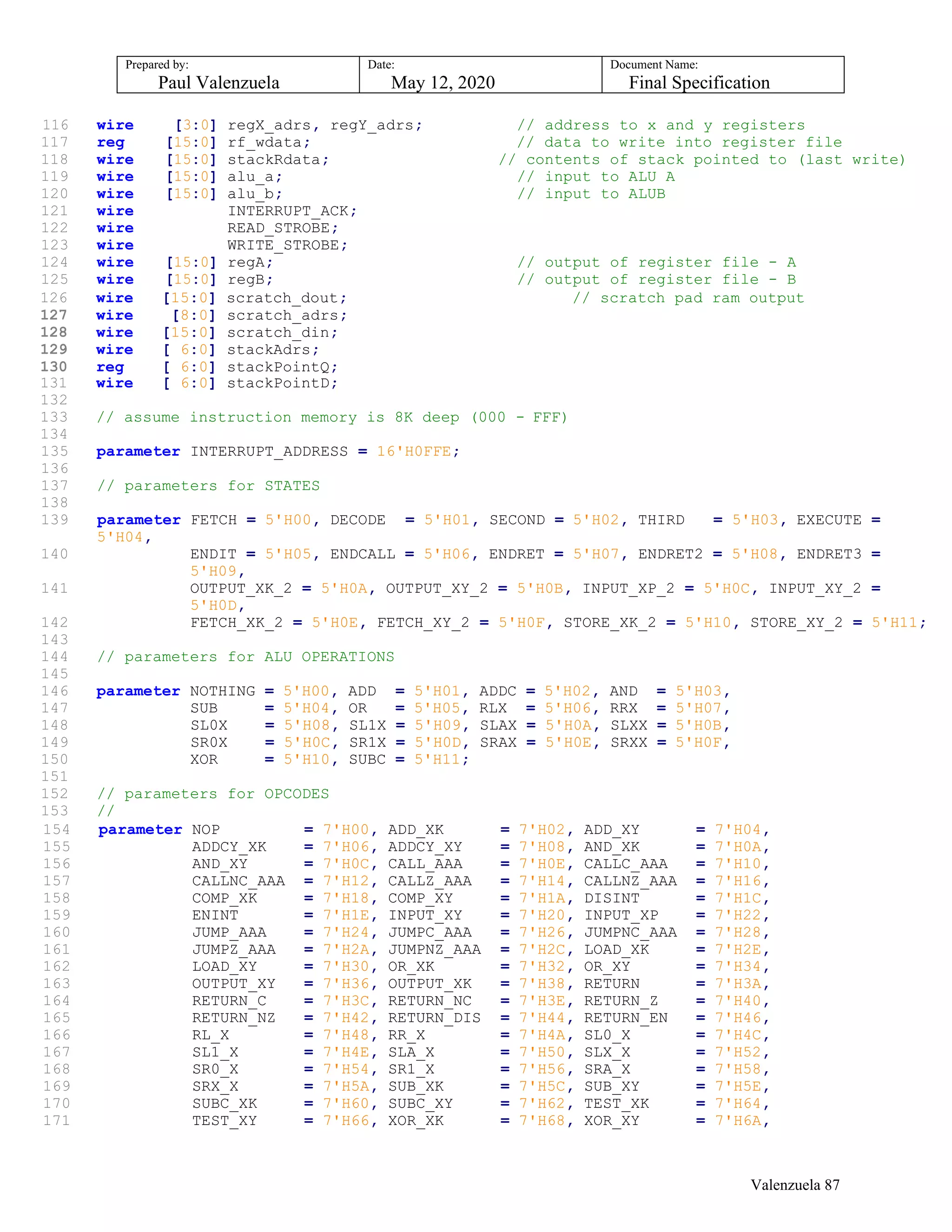 Prepared by:
Paul Valenzuela
Date:
May 12, 2020
Document Name:
Final Specification
116 wire [3:0] regX_adrs, regY_adrs; // address to x and y registers
117 reg [15:0] rf_wdata; // data to write into register file
118 wire [15:0] stackRdata; // contents of stack pointed to (last write)
119 wire [15:0] alu_a; // input to ALU A
120 wire [15:0] alu_b; // input to ALUB
121 wire INTERRUPT_ACK;
122 wire READ_STROBE;
123 wire WRITE_STROBE;
124 wire [15:0] regA; // output of register file - A
125 wire [15:0] regB; // output of register file - B
126 wire [15:0] scratch_dout; // scratch pad ram output
127 wire [8:0] scratch_adrs;
128 wire [15:0] scratch_din;
129 wire [ 6:0] stackAdrs;
130 reg [ 6:0] stackPointQ;
131 wire [ 6:0] stackPointD;
132
133 // assume instruction memory is 8K deep (000 - FFF)
134
135 parameter INTERRUPT_ADDRESS = 16'H0FFE;
136
137 // parameters for STATES
138
139 parameter FETCH = 5'H00, DECODE = 5'H01, SECOND = 5'H02, THIRD = 5'H03, EXECUTE =
5'H04,
140 ENDIT = 5'H05, ENDCALL = 5'H06, ENDRET = 5'H07, ENDRET2 = 5'H08, ENDRET3 =
5'H09,
141 OUTPUT_XK_2 = 5'H0A, OUTPUT_XY_2 = 5'H0B, INPUT_XP_2 = 5'H0C, INPUT_XY_2 =
5'H0D,
142 FETCH_XK_2 = 5'H0E, FETCH_XY_2 = 5'H0F, STORE_XK_2 = 5'H10, STORE_XY_2 = 5'H11;
143
144 // parameters for ALU OPERATIONS
145
146 parameter NOTHING = 5'H00, ADD = 5'H01, ADDC = 5'H02, AND = 5'H03,
147 SUB = 5'H04, OR = 5'H05, RLX = 5'H06, RRX = 5'H07,
148 SL0X = 5'H08, SL1X = 5'H09, SLAX = 5'H0A, SLXX = 5'H0B,
149 SR0X = 5'H0C, SR1X = 5'H0D, SRAX = 5'H0E, SRXX = 5'H0F,
150 XOR = 5'H10, SUBC = 5'H11;
151
152 // parameters for OPCODES
153 //
154 parameter NOP = 7'H00, ADD_XK = 7'H02, ADD_XY = 7'H04,
155 ADDCY_XK = 7'H06, ADDCY_XY = 7'H08, AND_XK = 7'H0A,
156 AND_XY = 7'H0C, CALL_AAA = 7'H0E, CALLC_AAA = 7'H10,
157 CALLNC_AAA = 7'H12, CALLZ_AAA = 7'H14, CALLNZ_AAA = 7'H16,
158 COMP_XK = 7'H18, COMP_XY = 7'H1A, DISINT = 7'H1C,
159 ENINT = 7'H1E, INPUT_XY = 7'H20, INPUT_XP = 7'H22,
160 JUMP_AAA = 7'H24, JUMPC_AAA = 7'H26, JUMPNC_AAA = 7'H28,
161 JUMPZ_AAA = 7'H2A, JUMPNZ_AAA = 7'H2C, LOAD_XK = 7'H2E,
162 LOAD_XY = 7'H30, OR_XK = 7'H32, OR_XY = 7'H34,
163 OUTPUT_XY = 7'H36, OUTPUT_XK = 7'H38, RETURN = 7'H3A,
164 RETURN_C = 7'H3C, RETURN_NC = 7'H3E, RETURN_Z = 7'H40,
165 RETURN_NZ = 7'H42, RETURN_DIS = 7'H44, RETURN_EN = 7'H46,
166 RL_X = 7'H48, RR_X = 7'H4A, SL0_X = 7'H4C,
167 SL1_X = 7'H4E, SLA_X = 7'H50, SLX_X = 7'H52,
168 SR0_X = 7'H54, SR1_X = 7'H56, SRA_X = 7'H58,
169 SRX_X = 7'H5A, SUB_XK = 7'H5C, SUB_XY = 7'H5E,
170 SUBC_XK = 7'H60, SUBC_XY = 7'H62, TEST_XK = 7'H64,
171 TEST_XY = 7'H66, XOR_XK = 7'H68, XOR_XY = 7'H6A,
Valenzuela 87
 