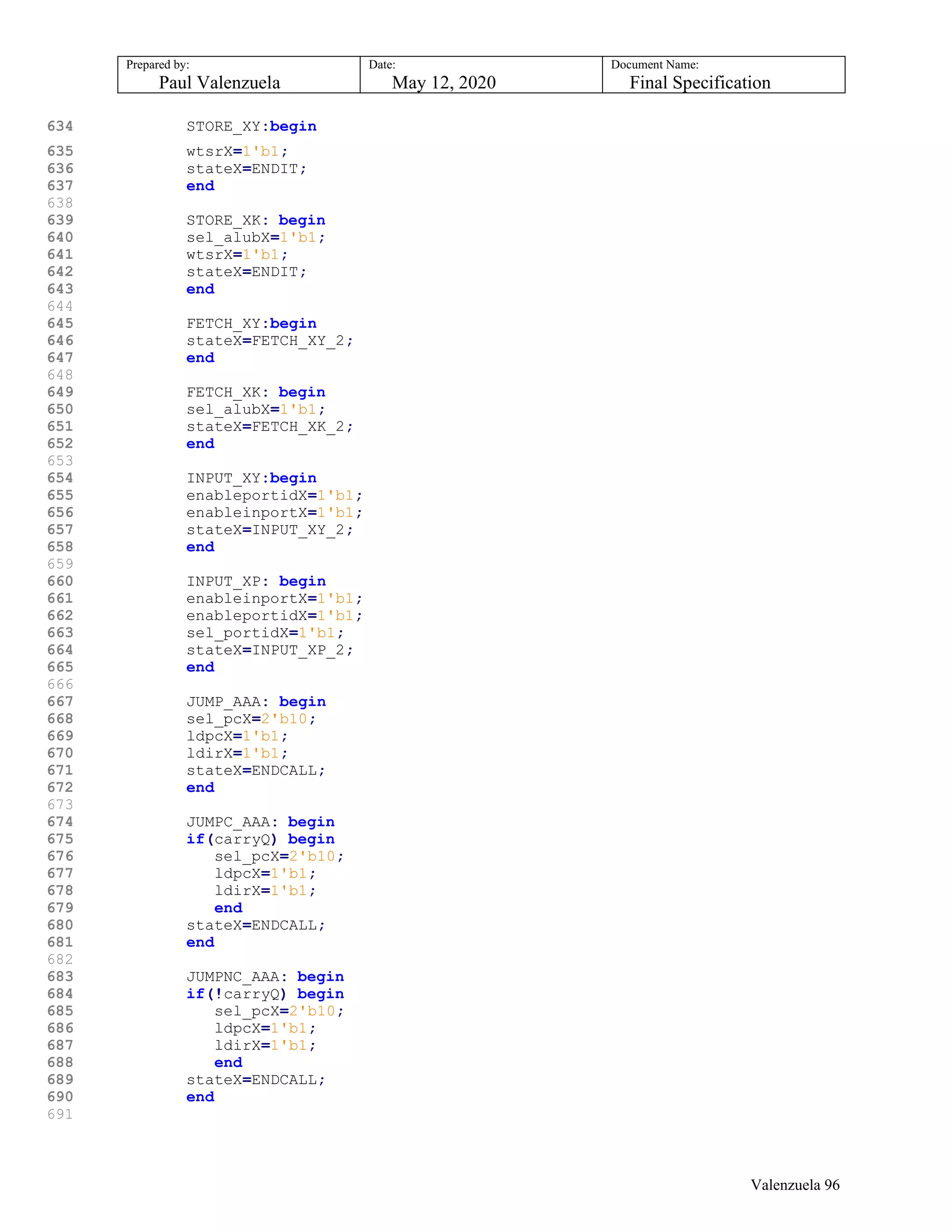 Prepared by:
Paul Valenzuela
Date:
May 12, 2020
Document Name:
Final Specification
634 STORE_XY:begin
635 wtsrX=1'b1;
636 stateX=ENDIT;
637 end
638
639 STORE_XK: begin
640 sel_alubX=1'b1;
641 wtsrX=1'b1;
642 stateX=ENDIT;
643 end
644
645 FETCH_XY:begin
646 stateX=FETCH_XY_2;
647 end
648
649 FETCH_XK: begin
650 sel_alubX=1'b1;
651 stateX=FETCH_XK_2;
652 end
653
654 INPUT_XY:begin
655 enableportidX=1'b1;
656 enableinportX=1'b1;
657 stateX=INPUT_XY_2;
658 end
659
660 INPUT_XP: begin
661 enableinportX=1'b1;
662 enableportidX=1'b1;
663 sel_portidX=1'b1;
664 stateX=INPUT_XP_2;
665 end
666
667 JUMP_AAA: begin
668 sel_pcX=2'b10;
669 ldpcX=1'b1;
670 ldirX=1'b1;
671 stateX=ENDCALL;
672 end
673
674 JUMPC_AAA: begin
675 if(carryQ) begin
676 sel_pcX=2'b10;
677 ldpcX=1'b1;
678 ldirX=1'b1;
679 end
680 stateX=ENDCALL;
681 end
682
683 JUMPNC_AAA: begin
684 if(!carryQ) begin
685 sel_pcX=2'b10;
686 ldpcX=1'b1;
687 ldirX=1'b1;
688 end
689 stateX=ENDCALL;
690 end
691
Valenzuela 96
 