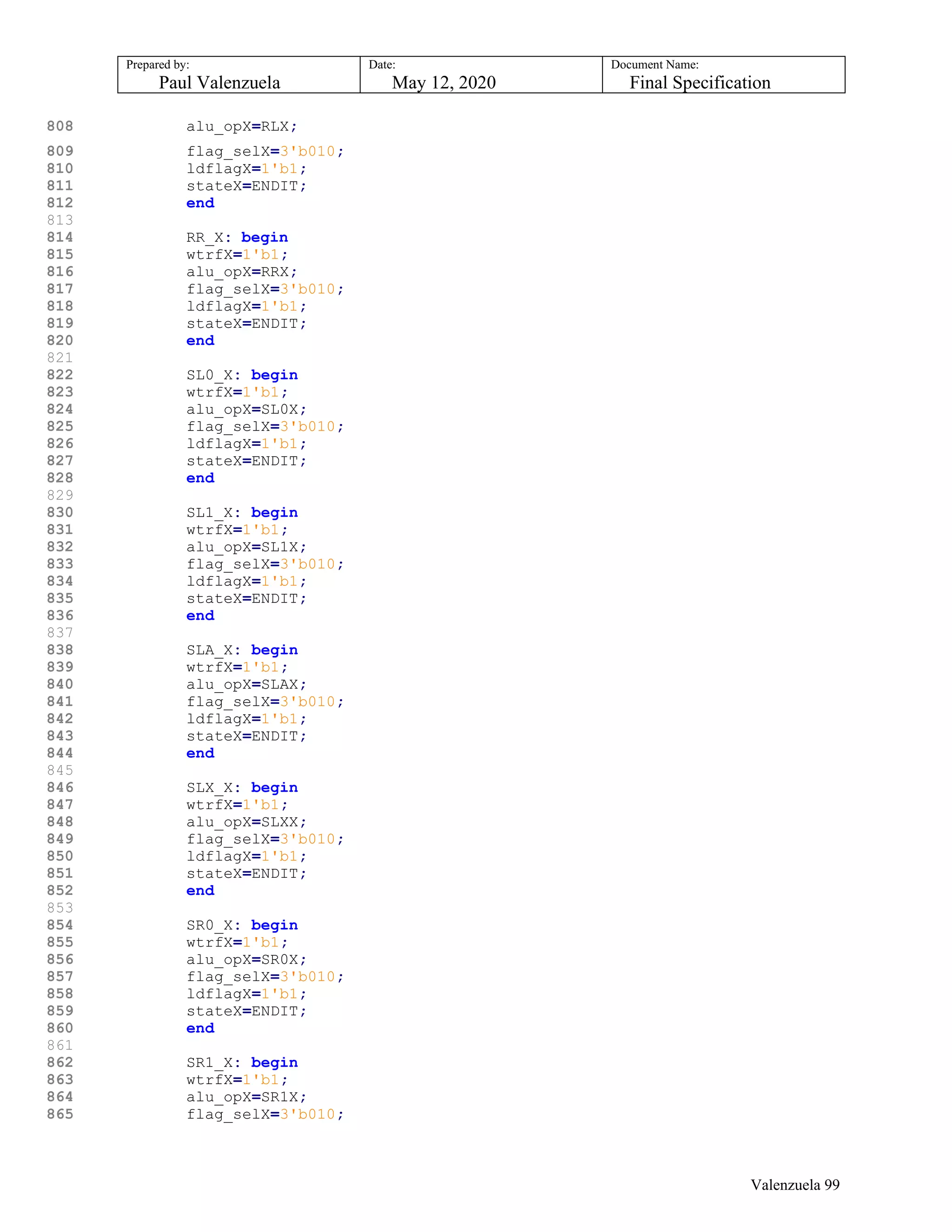 Prepared by:
Paul Valenzuela
Date:
May 12, 2020
Document Name:
Final Specification
808 alu_opX=RLX;
809 flag_selX=3'b010;
810 ldflagX=1'b1;
811 stateX=ENDIT;
812 end
813
814 RR_X: begin
815 wtrfX=1'b1;
816 alu_opX=RRX;
817 flag_selX=3'b010;
818 ldflagX=1'b1;
819 stateX=ENDIT;
820 end
821
822 SL0_X: begin
823 wtrfX=1'b1;
824 alu_opX=SL0X;
825 flag_selX=3'b010;
826 ldflagX=1'b1;
827 stateX=ENDIT;
828 end
829
830 SL1_X: begin
831 wtrfX=1'b1;
832 alu_opX=SL1X;
833 flag_selX=3'b010;
834 ldflagX=1'b1;
835 stateX=ENDIT;
836 end
837
838 SLA_X: begin
839 wtrfX=1'b1;
840 alu_opX=SLAX;
841 flag_selX=3'b010;
842 ldflagX=1'b1;
843 stateX=ENDIT;
844 end
845
846 SLX_X: begin
847 wtrfX=1'b1;
848 alu_opX=SLXX;
849 flag_selX=3'b010;
850 ldflagX=1'b1;
851 stateX=ENDIT;
852 end
853
854 SR0_X: begin
855 wtrfX=1'b1;
856 alu_opX=SR0X;
857 flag_selX=3'b010;
858 ldflagX=1'b1;
859 stateX=ENDIT;
860 end
861
862 SR1_X: begin
863 wtrfX=1'b1;
864 alu_opX=SR1X;
865 flag_selX=3'b010;
Valenzuela 99
 