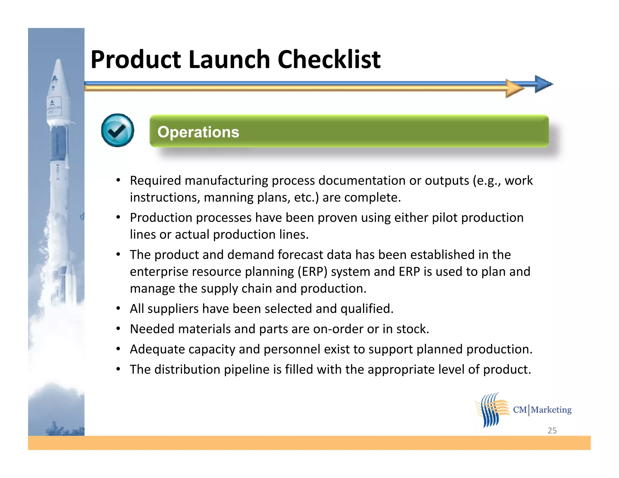 Product Launch Checklist

         Operations


  • Required manufacturing process documentation or outputs (e.g., work
    instructions, manning plans, etc.) are complete.
  • Production processes have been proven using either pilot production
    lines or actual production lines.
  • The product and demand forecast data has been established in the
    enterprise resource planning (ERP) system and ERP i used t plan and
       t    i             l    i              t     d      is   d to l      d
    manage the supply chain and production.
  • All suppliers have been selected and qualified.
  • Needed materials and parts are on order or in stock
                                       on-order       stock.
  • Adequate capacity and personnel exist to support planned production.
  • The distribution pipeline is filled with the appropriate level of product.



                                                                                 25
 