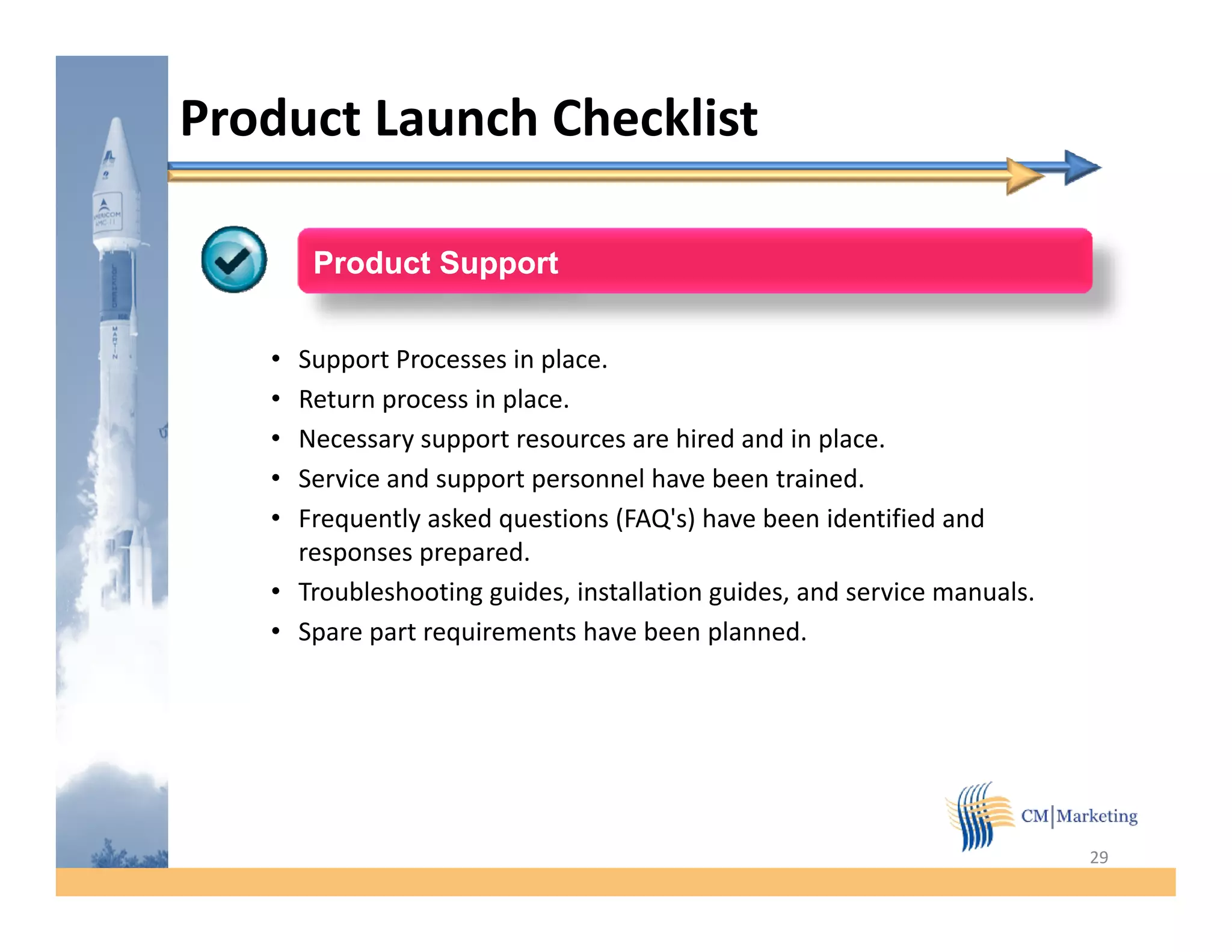 Product Launch Checklist

       Product Support


   • Support Processes in place.
   • Return process in place.
   • Necessary support resources are hired and in place.
   • Service and support personnel have been trained.
   • Frequently asked questions (FAQ's) have been identified and
     responses prepared.
   • Troubleshooting guides, installation guides, and service manuals.
   • Spare part requirements have been planned.




                                                                         29
 