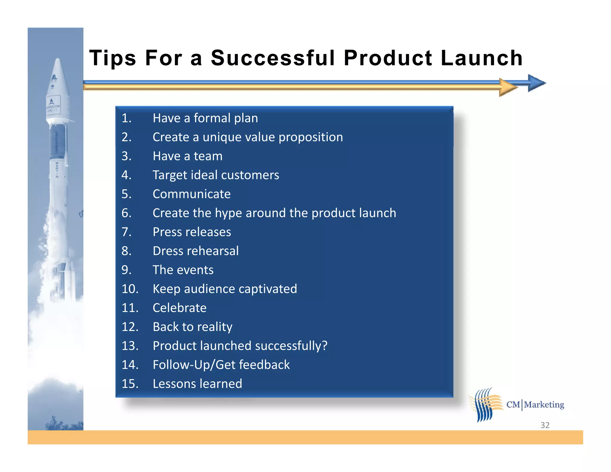 Tips For a Successful Product Launch

  1.    Have a formal plan
  2.    Create a unique value proposition
  3.    Have a team
  4.    Target ideal customers
  5.    Communicate
  6.    Create the hype around the product launch
  7.    Press releases
  8.    Dress rehearsal
  9.
  9     The
        Th events
  10.   Keep audience captivated
  11.   Celebrate
  12.
  12    Back to reality
  13.   Product launched successfully?
  14.   Follow-Up/Get feedback
  15.
  15    Lessons learned

                                                    32
 