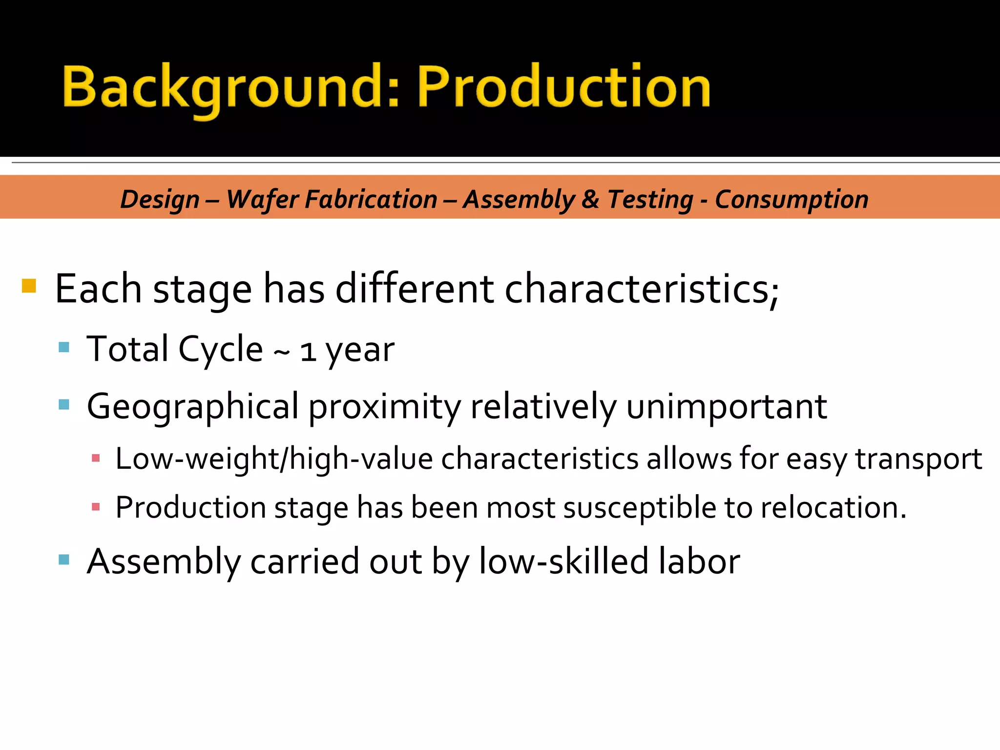 Each stage has different characteristics;  Total Cycle ~ 1 year Geographical proximity relatively unimportant Low-weight/high-value characteristics allows for easy transport Production stage has been most susceptible to relocation. Assembly carried out by low-skilled labor Design – Wafer Fabrication – Assembly & Testing - Consumption  