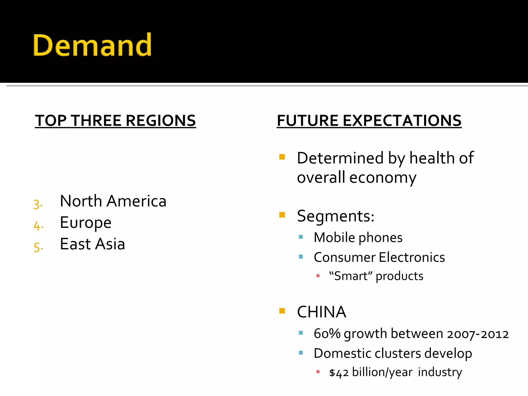 TOP THREE REGIONS North America Europe East Asia FUTURE EXPECTATIONS Determined by health of overall economy Segments: Mobile phones Consumer Electronics “ Smart” products CHINA  60% growth between 2007-2012 Domestic clusters develop $42 billion/year  industry 