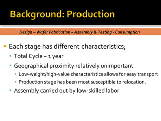 Each stage has different characteristics;  Total Cycle ~ 1 year Geographical proximity relatively unimportant Low-weight/high-value characteristics allows for easy transport Production stage has been most susceptible to relocation. Assembly carried out by low-skilled labor Design – Wafer Fabrication – Assembly & Testing - Consumption  