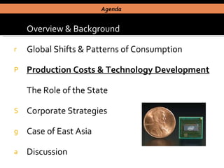 Overview & Background Global Shifts & Patterns of Consumption Production Costs & Technology Development The Role of the State Corporate Strategies Case of East Asia  Discussion Agenda  