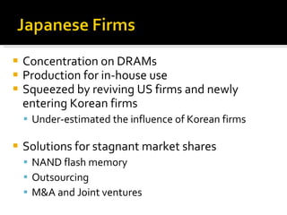 Concentration on DRAMs Production for in-house use Squeezed by reviving US firms and newly entering Korean firms Under-estimated the influence of Korean firms Solutions for stagnant market shares NAND flash memory Outsourcing  M&A and Joint ventures 