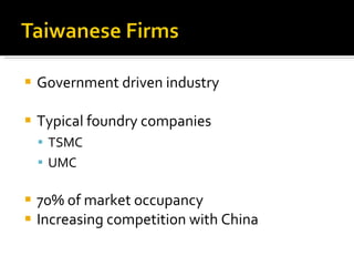 Government driven industry Typical foundry companies TSMC UMC 70% of market occupancy Increasing competition with China  