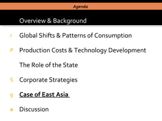 Overview & Background Global Shifts & Patterns of Consumption Production Costs & Technology Development The Role of the State Corporate Strategies Case of East Asia  Discussion Agenda  