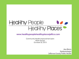 www.healthypeoplehealthyplacesjeffco.com
Community Health Improvement plan
Work Groups
October 22, 2013

Ana Marin
Epidemiologist
Jefferson County Public Health
1

 