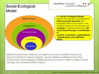 Social-Ecological
Model

45

The Social -Ecological Model
stresses that society is composed of
interconnected elements that
invariably affect one another. The
model is based on the premise that
changes in individual behavior will
come about through a combination
of
societal, community, organizational
, interpersonal, and individual
efforts

Effective prevention initiatives to improve access to healthy foods and
physical activity to reduce obesity, should address multiple levels of the
environment and engage multiple sectors of society in order to affect social
change and achieve health impact.

Source: CDC, http://www.cdc.gov/obesity/downloads/CDC_Healthy_Communities.pdf

 