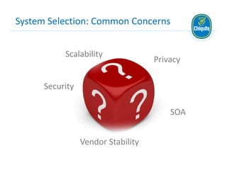 System Selection: Common Concerns


           Scalability
                                    Privacy

      Security

  ...