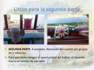 • SEGUNDA PARTE: 4 sesiones. Narración del cuento por grupos
de 5 niños/as.
• Para que todos tengan la oportunidad del hablar, el docente
marca el cambio de narrador.
 