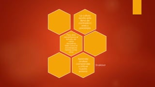 La cultura
escrita esta
llena de
contradicci
ones y
paradojas
Para esta
necesitamos el
estudio de
varias
disciplinas
tales como la
sociología la
historia entre
otras
Aprender
analizar
comprender
y criticar
nuestro
entorno
finalidad
 