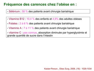 Kaidar-Person., Obes Surg, 2008, (18) : 1028-1034 Fréquence des carences chez l’obèse en : Sélénium  :  58 %  des patients avant chirurgie bariatrique Vitamine B12  :  10,4 %  des enfants et  4,9%  des adultes obèses Folates  :  2 à 6 %  des patients avant chirurgie bariatrique Vitamine A  :  7 à   11 %  des patients avant chirurgie bariatrique vitamine C  :  pas connue , absorption diminuée par hyperglycémie et grande quantité de sucre dans l’intestin 