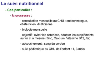 Le suivi nutritionnel   Cas particulier : la grossesse  : consultation mensuelle au CHU : endocrinologue, obstétricien, ditéticienne biologie mensuelle objectif : éviter les carences, adapter les suppléments au fur et à mesure (Zinc, Calcium, Vitamine B12, fer) accouchement : sang du cordon suivi pédiatrique au CHU de l’enfant : 1, 3 mois 