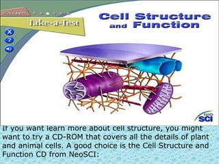 If you want learn more about cell structure, you might
want to try a CD-ROM that covers all the details of plant
and animal cells. A good choice is the Cell Structure and
Function CD from NeoSCI:
 
