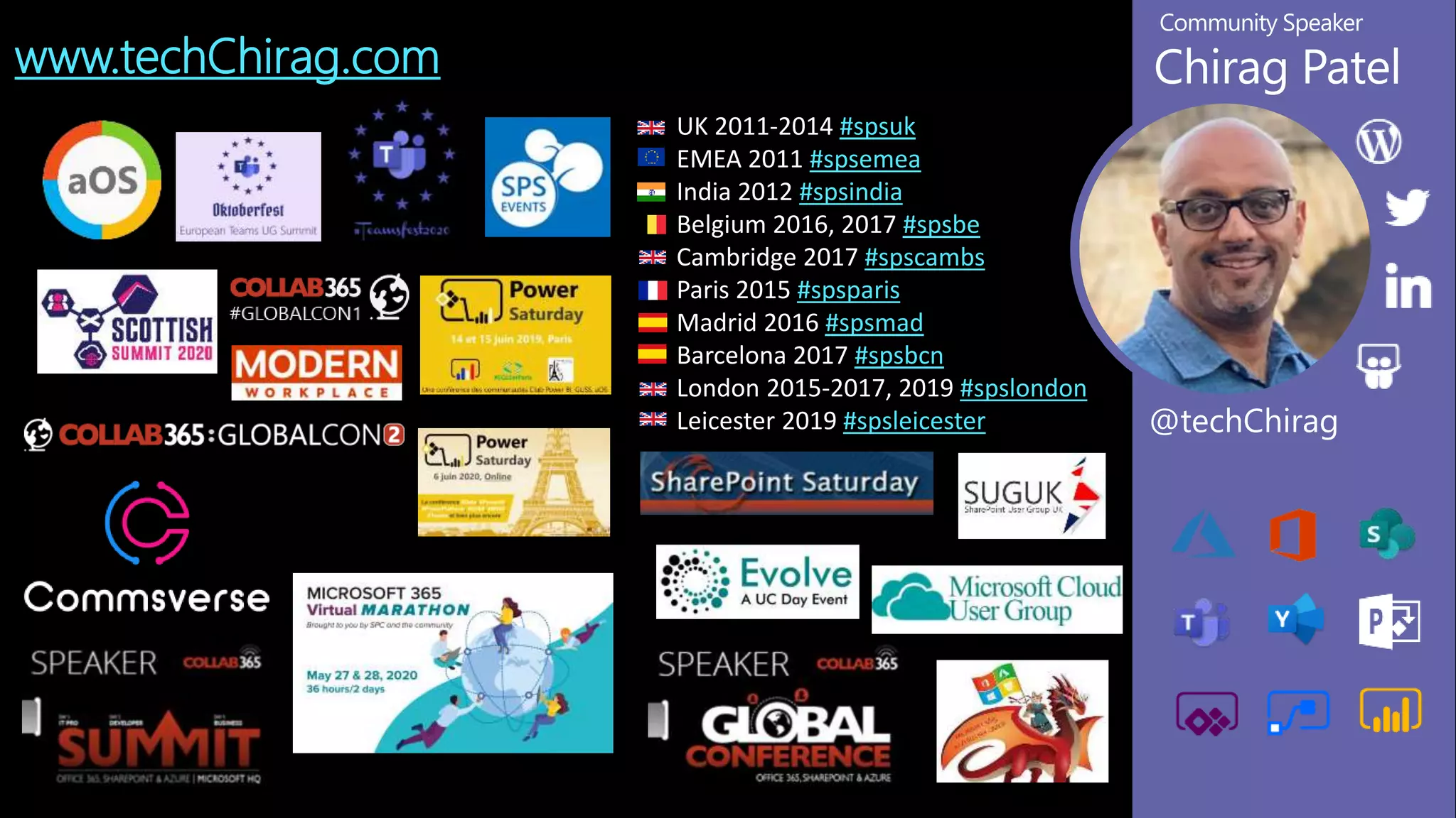 Community Speaker
Chirag Patel
@techChirag
UK 2011-2014 #spsuk
EMEA 2011 #spsemea
India 2012 #spsindia
Belgium 2016, 2017 #spsbe
Cambridge 2017 #spscambs
Paris 2015 #spsparis
Madrid 2016 #spsmad
Barcelona 2017 #spsbcn
London 2015-2017, 2019 #spslondon
Leicester 2019 #spsleicester
www.techChirag.com
 