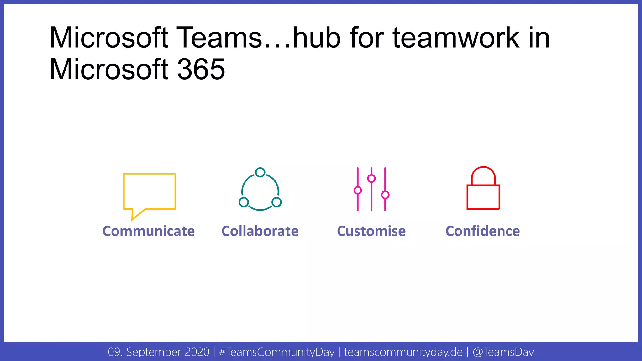 09. September 2020 | #TeamsCommunityDay | teamscommunityday.de | @TeamsDay
Microsoft Teams…hub for teamwork in
Microsoft 365
Communicate Collaborate Customise Confidence
 