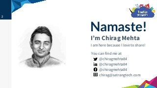 2
I’m Chirag Mehta
I am here because I love to share!
Namaste!
You can find me at
@chiragmehta84
@chiragmehta84
@chiragmeh...