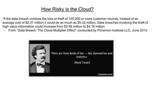 “If the data breach involves the loss or theft of 100,000 or more customer records, instead of an
average cost of $2.37 million it could be as much as $5.32 million. Data breaches involving the theft of
high value information could increase from $2.99 million to $4.16 million
- From “Data Breach: The Cloud Multiplier Effect” conducted by Ponemon Institute LLC, June 2014
How Risky is the Cloud?
 