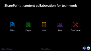 @techChirag #TeamsFest
SharePoint…content collaboration for teamwork
Files Pages Lists Sites Customise
 
