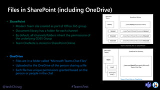 @techChirag #TeamsFest
Files in SharePoint (including OneDrive)
• SharePoint
• Modern Team site created as part of Office 365 group
• Document library has a folder for each channel
• By default, all channels/folders inherit the permissions of
the underlying O365 Group
• Team OneNote is stored in SharePoint Online
• OneDrive
• Files are in a folder called “Microsoft Teams Chat Files”
• Uploaded to the OneDrive of the person sharing a file
• Each file has unique permissions granted based on the
person or people in the chat
Team channel files in SharePoint
Team Chat Files in OneDrive
 