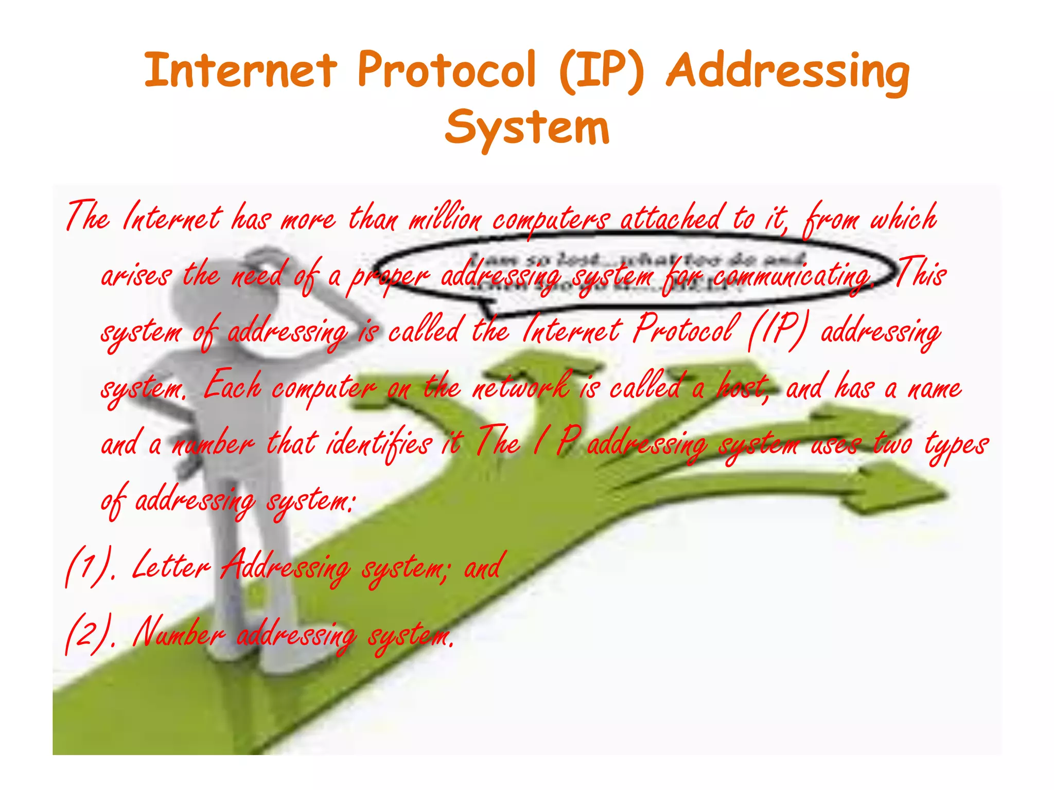 Internet Protocol (IP) Addressing
                   System
The Internet has more than million computers attached to it, from which
  arises the need of a proper addressing system for communicating. This
  system of addressing is called the Internet Protocol (IP) addressing
  system. Each computer on the network is called a host, and has a name
  and a number that identifies it The I P addressing system uses two types
  of addressing system:
(1). Letter Addressing system; and
(2). Number addressing system.
 