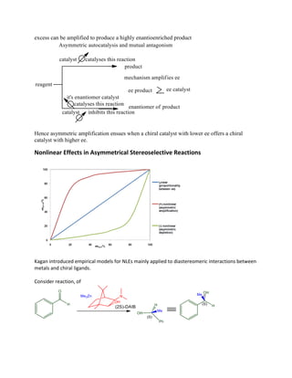 excess can be amplified to produce a highly enantioenriched product
Hence asymmetric amplification ensues when a chiral catalyst with lower ee offers a chiral
catalyst with higher ee.
Nonlinear Effects in Asymmetrical Stereoselective Reactions
Kagan introduced empirical models for NLEs mainly applied to diastereomeric interactions between
metals and chiral ligands.
Consider reaction, of
 