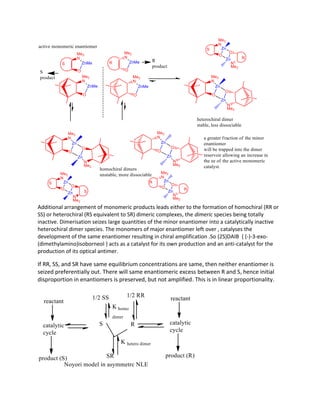 Additional arrangement of monomeric products leads either to the formation of homochiral (RR or
SS) or heterochiral (RS equivalent to SR) dimeric complexes, the dimeric species being totally
inactive. Dimerisation seizes large quantities of the minor enantiomer into a catalytically inactive
heterochiral dimer species. The monomers of major enantiomer left over , catalyses the
development of the same enantiomer resulting in chiral amplification .So (2S)DAIB { (-)-3-exo-
(dimethylamino)isoborneol } acts as a catalyst for its own production and an anti-catalyst for the
production of its optical antimer.
If RR, SS, and SR have same equilibrium concentrations are same, then neither enantiomer is
seized preferentially out. There will same enantiomeric excess between R and S, hence initial
disproportion in enantiomers is preserved, but not amplified. This is in linear proportionality.
 