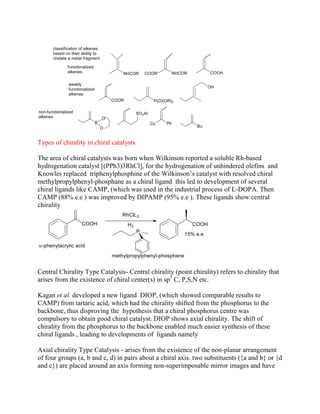 Types of chirality in chiral catalysts
The area of chiral catalysts was born when Wilkinson reported a soluble Rh-based
hydrogenation catalyst [(PPh3)3RhCl], for the hydrogenation of unhindered olefins and
Knowles replaced triphenylphosphine of the Wilkinson‟s catalyst with resolved chiral
methylpropylphenyl-phosphane as a chiral ligand this led to development of several
chiral ligands like CAMP, (which was used in the industrial process of L-DOPA. Then
CAMP (88% e.e ) was improved by DIPAMP (95% e.e ). These ligands show central
chirality
Central Chirality Type Catalysis- Central chirality (point chirality) refers to chirality that
arises from the existence of chiral center(s) in sp3
C, P,S,N etc.
Kagan et al. developed a new ligand DIOP, (which showed comparable results to
CAMP) from tartaric acid, which had the chirality shifted from the phosphorus to the
backbone, thus disproving the hypothesis that a chiral phosphorus centre was
compulsory to obtain good chiral catalyst. DIOP shows axial chirality. The shift of
chirality from the phosphorus to the backbone enabled much easier synthesis of these
chiral ligands , leading to developments of ligands namely
Axial chirality Type Catalysis - arises from the existence of the non-planar arrangement
of four groups (a, b and c, d) in pairs about a chiral axis. two substituents ({a and b} or {d
and c}) are placed around an axis forming non-superimposable mirror images and have
 