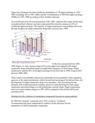 Figure here illustrates the total worldwide distribution of 730 approved drugs in 1983–
2002 (including 382 in 1991–2002) and the US distribution of 304 FDA approved drugs
(NMEs) in 1991–2002 according to their chirality character.
An overall look at the 20-year period from 1983–2002 indicates that single-enantiomers
exceeded achirals whereas racemates represented the minority category at 23% of
worldwide approved drugs. The majority of single-enantiomers was probably driven by
the tide of approved single-enantiomer drugs that occurred since 1998.
In the four-year period from 1983–
1986 (Figure 3), more racemic drugs (32%) were approved compared with single
enantiomer drugs and achiral drugs exceeded both categories of chiral drugs. Single
enantiomers reached 50% of all approved drugs for the first time in 1998, rising to 60%
between 2000–2001.
These trends were probably influenced considerably by the guidelines of the regulatory
agencies in the major jurisdictions, which favored and encouraged, but did not force, the
development of single-enantiomer drugs over racemates , thus accounting for the
dramatic shift of pharmaceutical company interest in manufacturing the safer single
enantiomer and achiral drugs over the problematic racemic drugs. Single enantiomers
took over as the leading category in 2001 (60%) compared with achirals (40%) and
racemates (0%).
Strategies for the synthesis of enantiopure compounds focused on organocatalysis
In 1980 Prof. Seebach coined the term "EPC-synthesis" (synthesis
of enantiomerically pure compounds) to embrace all the processes for the
preparation of chiral enantiopure compounds.
 