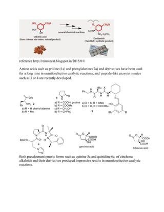 reference http://remotecat.blogspot.in/2015/01/
Amino acids such as proline (1a) and phenylalanine (2a) and derivatives have been used
for a long time in enantioselective catalytic reactions, and peptide-like enzyme mimics
such as 3 or 4 are recently developed.
Both pseudoenantiomeric forms such as quinine 5a and quinidine 6a of cinchona
alkaloids and their derivatives produced impressive results in enantioselective catalytic
reactions.
 