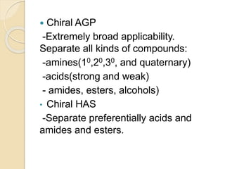  Chiral AGP
-Extremely broad applicability.
Separate all kinds of compounds:
-amines(10,20,30, and quaternary)
-acids(strong and weak)
- amides, esters, alcohols)
• Chiral HAS
-Separate preferentially acids and
amides and esters.
 