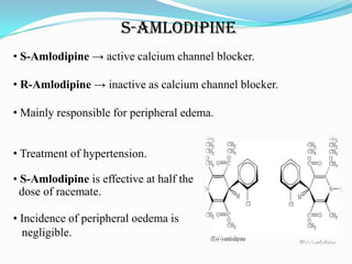 S-AMLODIPINE
• S-Amlodipine → active calcium channel blocker.
• R-Amlodipine → inactive as calcium channel blocker.
• Mainly responsible for peripheral edema.
• Treatment of hypertension.
• S-Amlodipine is effective at half the
dose of racemate.
• Incidence of peripheral oedema is
negligible.
 