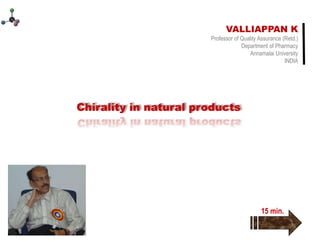 Valliappan Kannappan
Valliappan Kannappan
VALLIAPPAN K
Professor of Quality Assurance (Retd.)
Department of Pharmacy
Annamalai University
INDIA
2021
Chirality in NPs
15 min.
 
