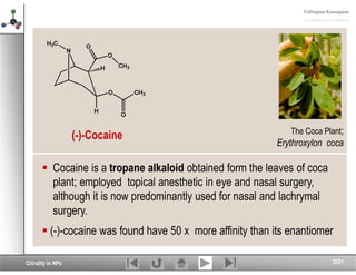 Valliappan Kannappan
Valliappan Kannappan
(-)-Cocaine The Coca Plant;
Erythroxylon coca
2021
Chirality in NPs
(-)-Cocaine
...