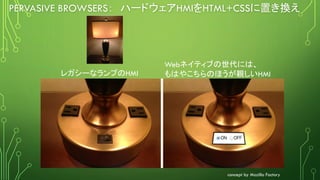 PERVASIVE BROWSERS： ハードウェアHMIをHTML+CSSに置き換え
Webネイティブの世代には、
もはやこちらのほうが親しいHMIレガシーなランプのHMI
concept by Mozilla Factory
 