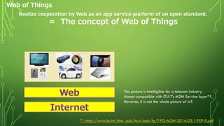 Web of Things
Realize cooperation by Web as an app service platform of an open standard.
＝ The concept of Web of Things
Web
Internet
This picture is intelligible for a telecom industry.
Almost compatible with ITU-T’s M2M Service layer*1.
However, it is not the whole picture of IoT.
*1 http://www.itu.int/dms_pub/itu-t/opb/fg/T-FG-M2M-2014-D3.1-PDF-E.pdf
 