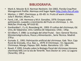 BIBLIOGRAFIA.Mark A. Mossler & O. Norman Nesheim. Oct 2002, Florida Crop/Pest Management Profile: Atemoya and SugarApple.http://edis.ifas.ufl.eduMorton, J. 1987. Cherimoya. p. 65–69. In: Fruits of warmclimates. Julia F. Morton, Miami, FL.Farré, J.M., J.M. Hermoso y M.A. González, 1976: Ensayos sobre polinización, cuajado y crecimiento del fruto en chirimoya. 1.- An. INIA/Ser.:Prod.veg. Nº 6:63-92.Gardiazábal l., E y G, Rosenberg M., 1993: El cultivo del chirimoyo,-Ed. Univ, de Valparaiso. Univ. Católica de Valparaiso. Chile.: 145p.Gil-Albert, F, 1986: La ecología del árbol frutal. - Secr. General Técnica. MinisterioAgricultura, Pesca y Alimentación., Serie Técnica. Madrid: 278 p.Guirado. E., 1991: Polinización artificial del chirimoyo. Gab. Técn. Caja Rural de Granada, 15 p. Ibar, L,, 1979: El Chirimoyo.- En: Aguacate, Chirimoyo, Mango, Papaya. Edit. Aedos. Barcelona: 121- 144.Roseli, P 1995: Estudio sobre la Biologia Floral del chirimoyo (AnnonacherímolaMill.) en la isla de Tenerife. Tesis Doctor-al. Univ. La Laguna (Tenerife), 195 p.