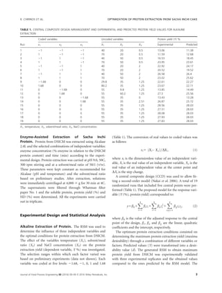 Enzyme-Assisted Extraction of Sacha Inchi
Protein. Protein from DSICM was extracted using Alcalase
2.4L and the selected combinations of independent variables:
enzyme concentration (% enzyme in relation to the DSICM
protein content) and time (min) according to the experi-
mental design. Protein extraction was carried at pH 9.0, 50C,
300 rpm stirring and at a solvent/meal ratio of 50/1 (v/w).
These parameters were kept constant as recommended for
Alcalase (pH and temperature) and the solvent/meal ratio
based on preliminary studies. After extraction, solutions
were immediately centrifuged at 4,000 3 g for 30 min at 4C.
The supernatants were ﬁltered through Whatman ﬁlter
paper No. 1 and the soluble protein, protein yield (%) and
HD (%) were determined. All the experiments were carried
out in triplicate.
Experimental Design and Statistical Analysis
Alkaline Extraction of Protein. The RSM was used to
determine the inﬂuence of three independent variables and
the optimal conditions for protein extraction from DSICM.
The effect of the variables temperature (X1), solvent/meal
ratio (X2) and NaCl concentration (X3) on the protein
extraction yield (dependent variable, Y %) was investigated.
The selection ranges within which each factor varied was
based on preliminary experiments (data not shown). Each
variable was coded at ﬁve levels: 21.68, 21, 0, 1 and 1.68
(Table 1). The conversion of real values to coded values was
as follows:
xi5 Xi– Xoð Þ=DXi; (1)
where xi is the dimensionless value of an independent vari-
able, Xi is the real value of an independent variable, Xo is the
real value of an independent value at the center point and
DXi is the step change.
A central composite design (CCD) was used to allow ﬁt-
ting a second-order model (Nakai et al. 2006). A total of 19
randomized runs that included ﬁve central points were per-
formed (Table 1). The proposed model for the response vari-
able (Y (%), protein yield) corresponded to:
y5b01
X4
i51
bizi1
X4
i51
biiz2
i 1
X4
i6¼j51
bijzizj; (2)
where b0 is the value of the adjusted response to the central
point of the design, bi, bii and bij are the linear, quadratic
coefﬁcients and the intercept, respectively.
The optimum protein extraction conditions consisted on
determining the maximum protein extraction yield (maxima
desirability) through a combination of different variables or
factors. Predicted values (Y) were transformed into a desir-
ability value (d). The generated RSM to obtain maximum
protein yield from DSICM was experimentally validated
with three experimental replicates and the obtained values
compared to the ones predicted by the RSM model. The
TABLE 1. CENTRAL COMPOSITE DESIGN ARRANGEMENT AND EXPERIMENTAL AND PREDICTED PROTEIN YIELD VALUES FOR ALKALINE
EXTRACTION
Run
Coded variables Uncoded variables Protein yield (Y) %
x1 x2 x3 X1 X2 X3 Experimental Predicted
1 21 21 21 40 20 0.5 13.06 11.38
2 1 21 21 70 20 0.5 11.59 12.68
3 21 1 21 40 50 0.5 16.53 18.45
4 1 1 21 70 50 0.5 23.95 23.61
5 21 21 1 40 20 2 22.92 24.17
6 1 21 1 70 20 2 20.52 19.52
7 21 1 1 40 50 2 26.58 26.4
8 1 1 1 70 50 2 23.02 25.62
9 21.68 0 0 29.8 35 1.25 22.61 22.27
10 1.68 0 0 80.2 35 1.25 23.67 22.71
11 0 21.68 0 55 9.8 1.25 13.85 14.49
12 0 1.68 0 55 60.2 1.25 27.5 25.56
13 0 0 21.68 55 35 0 13.43 13.28
14 0 0 1.68 55 35 2.51 26.87 25.72
15 0 0 0 55 35 1.25 28.56 28.03
16 0 0 0 55 35 1.25 27.51 28.03
17 0 0 0 55 35 1.25 28.08 28.03
18 0 0 0 55 35 1.25 27.93 28.03
19 0 0 0 55 35 1.25 27.83 28.03
X1, temperature; X2, solvent/meal ratio; X3, NaCl concentration.
R. CHIRINOS ET AL. OPTIMIZATION OF PROTEIN EXTRACTION FROM SACHA INCHI CAKE
Journal of Food Process Engineering 00 (2016) 00–00 VC 2016 Wiley Periodicals, Inc. 3
 